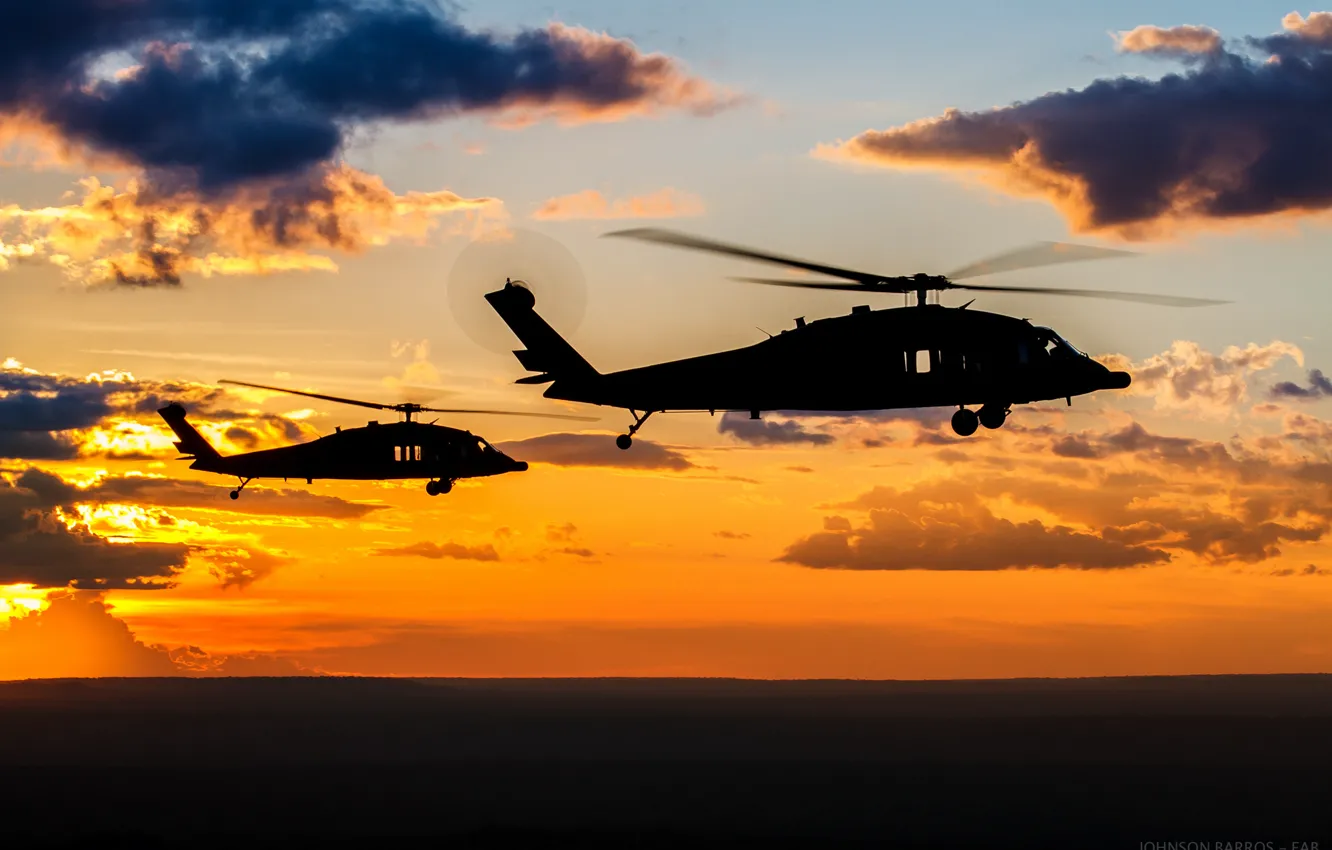 Photo wallpaper the sky, clouds, sunset, silhouette, FAB, Black hawk, orange sky, Air force of Brazil