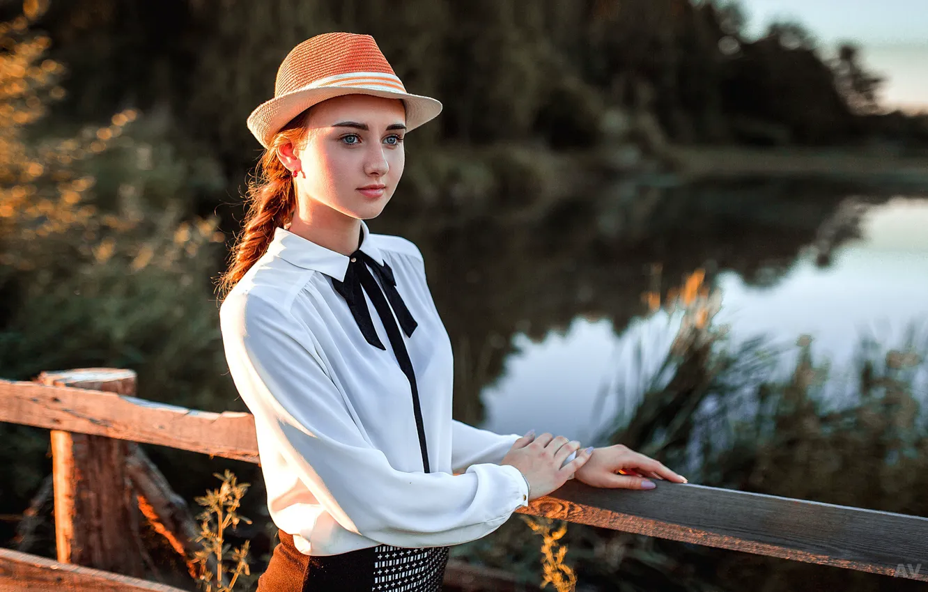Photo wallpaper look, water, girl, bridge, hat, Aleksandr Suhar