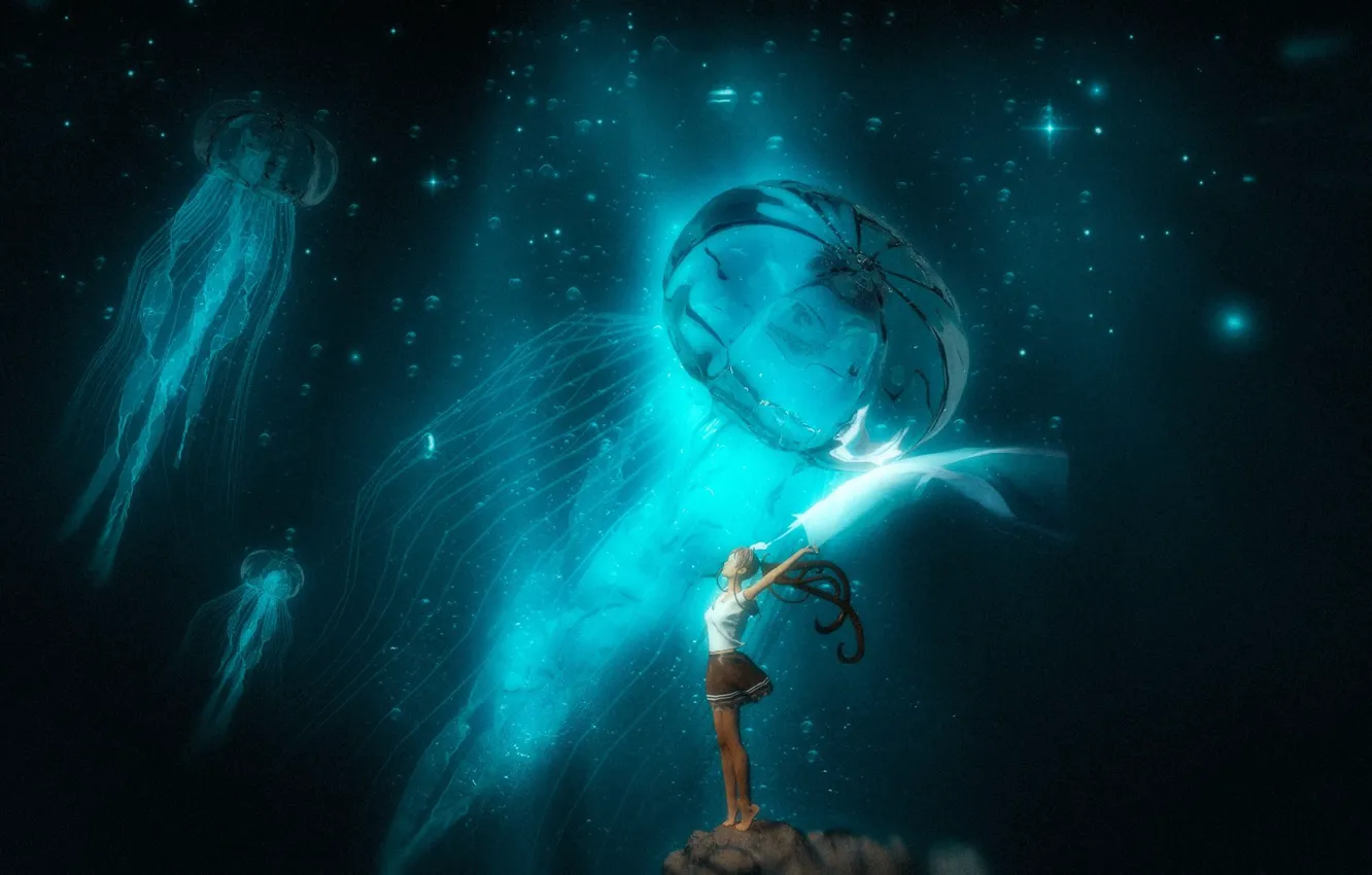 Photo wallpaper girl, bubbles, jellyfish, Flying jellyfish