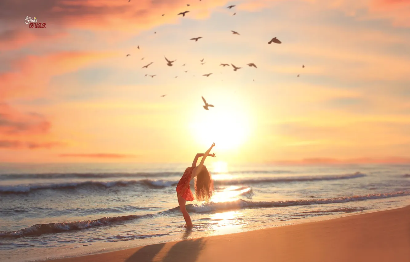 Photo wallpaper SEA, HORIZON, The SKY, SAND, CLOUDS, HANDS, SURF, SHORE