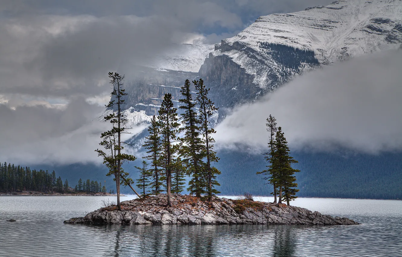 Photo wallpaper clouds, snow, trees, mountains, lake, island