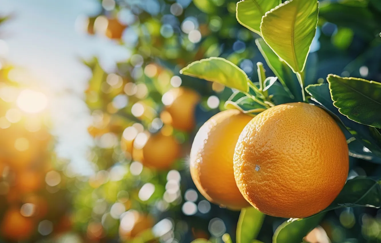 Photo wallpaper the sky, leaves, the sun, light, branches, orange, garden, fruit
