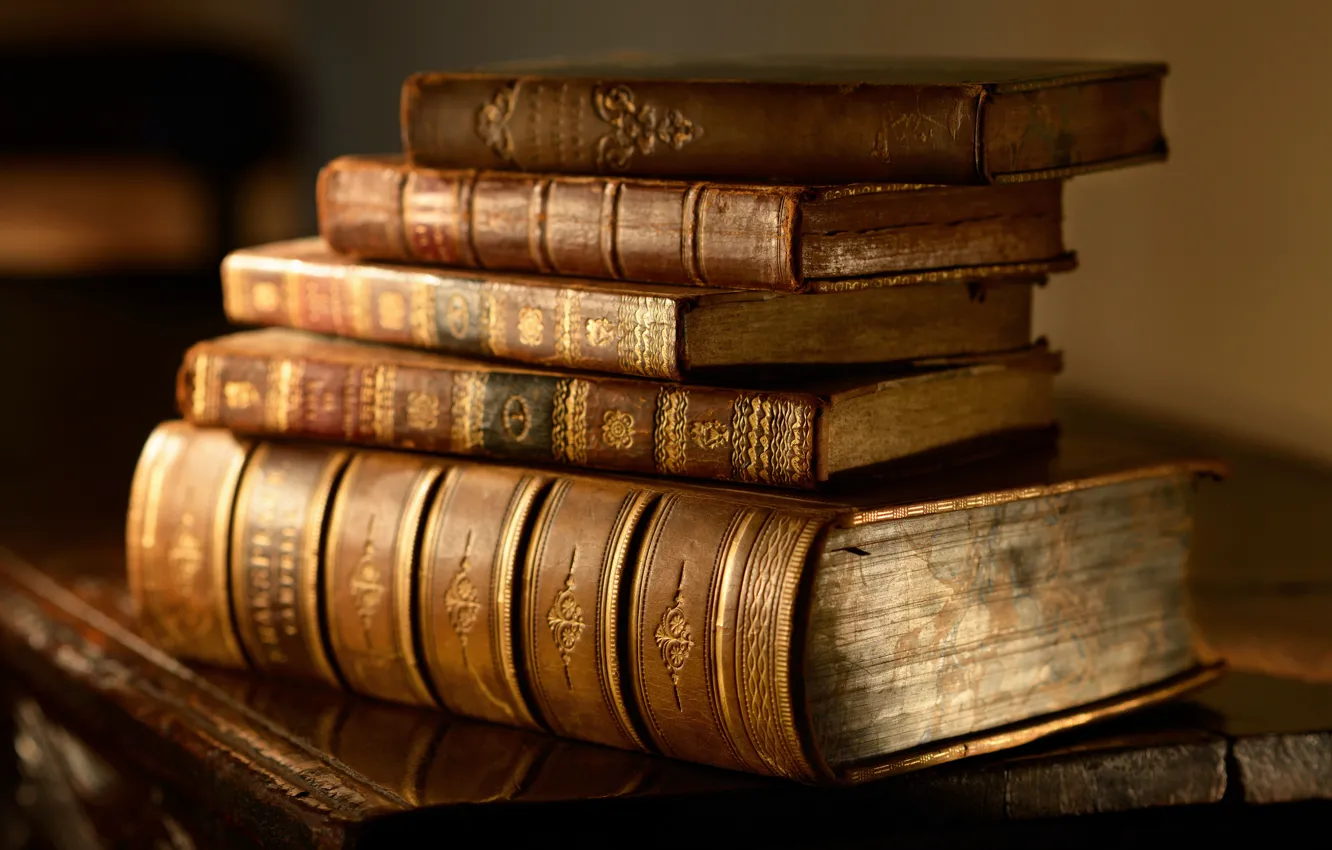 Photo wallpaper macro, table, blur, book, stack, owner, chic, bokeh