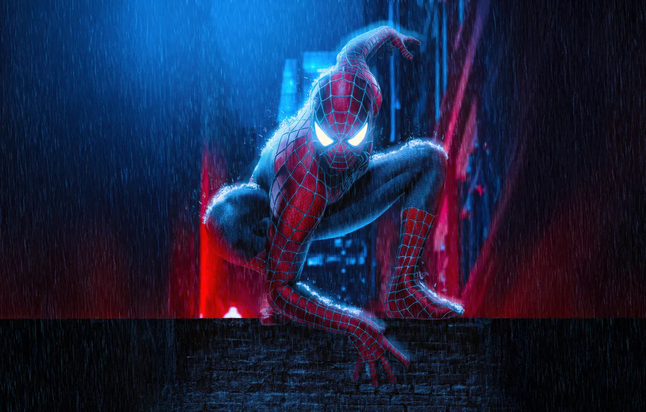 Photo wallpaper night, rain, art, costume, superhero, Marvel, comic, Spider-Man