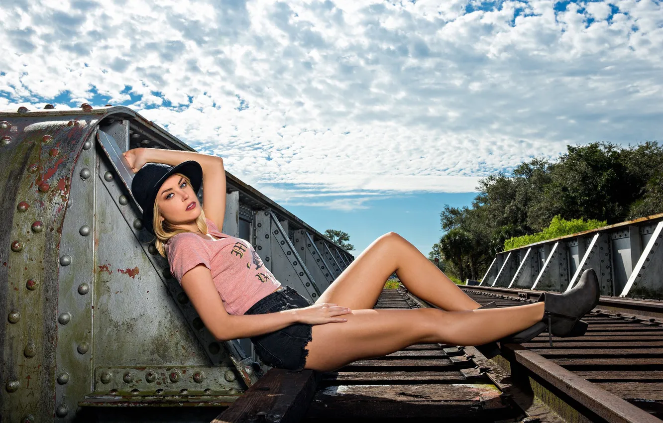 Photo wallpaper look, the sun, clouds, trees, pose, model, shorts, rails
