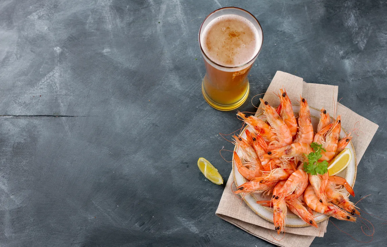 Photo wallpaper lemon, beer, shrimp, seafood