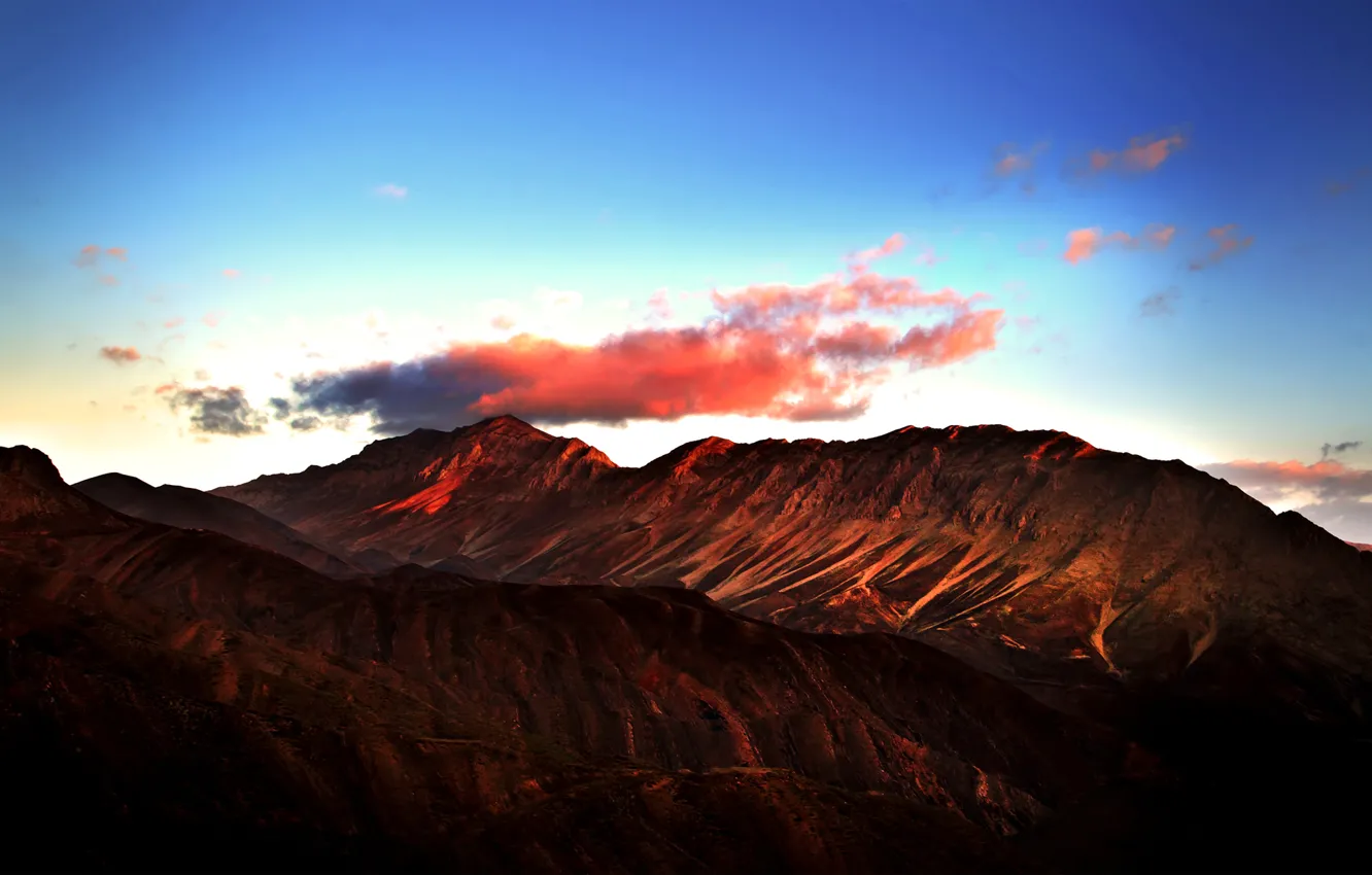 Photo wallpaper the sky, clouds, sunset, mountains