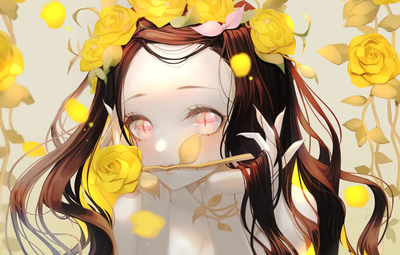 Photo wallpaper girl, roses, Nezuko Kamado, Kimetsu no Yaiba