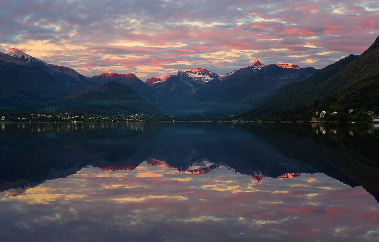 Photo wallpaper light, reflection, mountains, Norway, peaks, the fjord