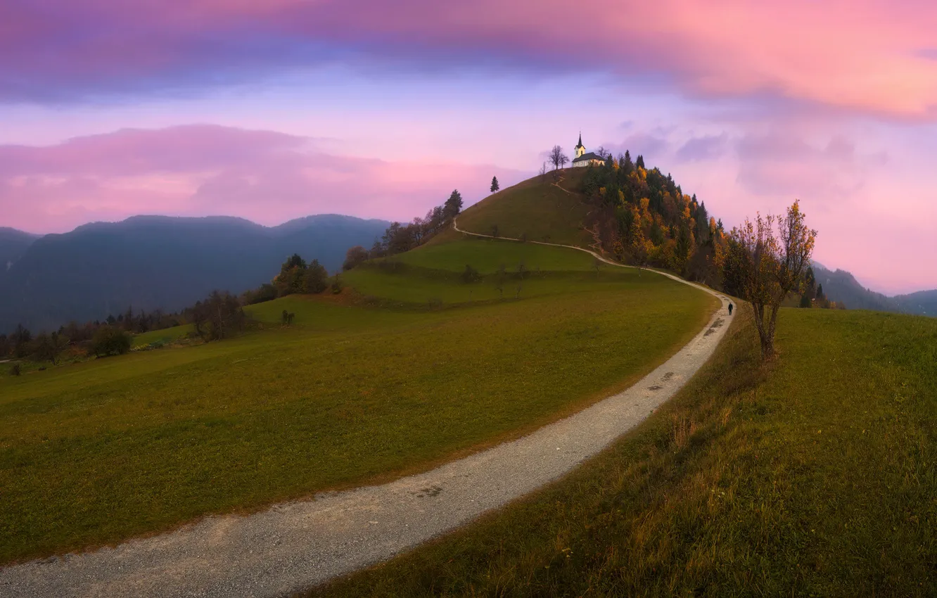 Photo wallpaper road, autumn, clouds, trees, landscape, mountains, nature, dawn