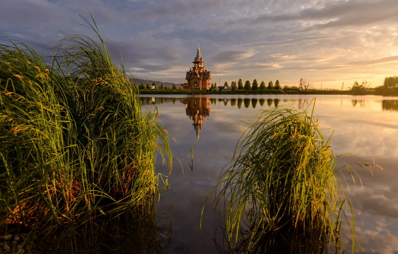 Photo wallpaper grass, landscape, sunset, nature, lake, temple, Altay, Paul Kalinenko