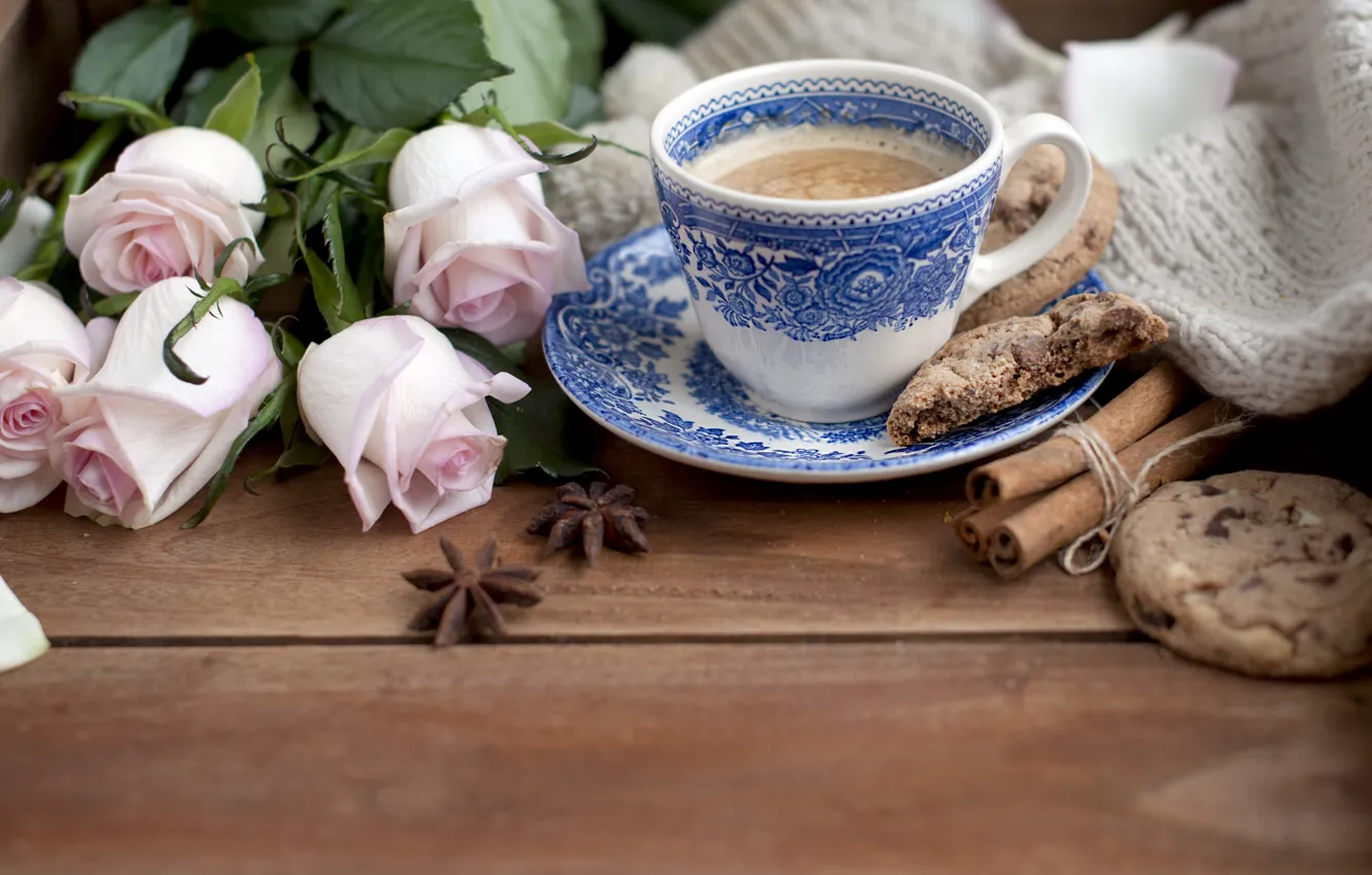 Photo wallpaper coffee, roses, cookies, cinnamon