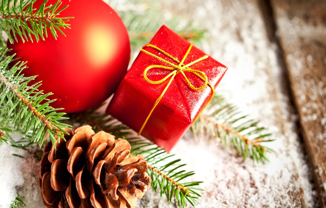 Photo wallpaper winter, balls, decoration, branches, red, holiday, toy, new year