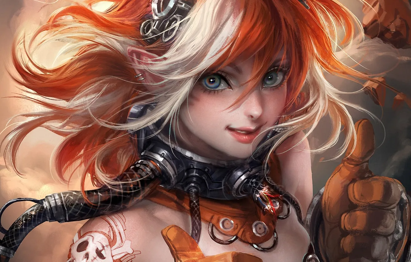 Photo wallpaper girl, wire, art, glasses, collar, red, ears, sakimichan