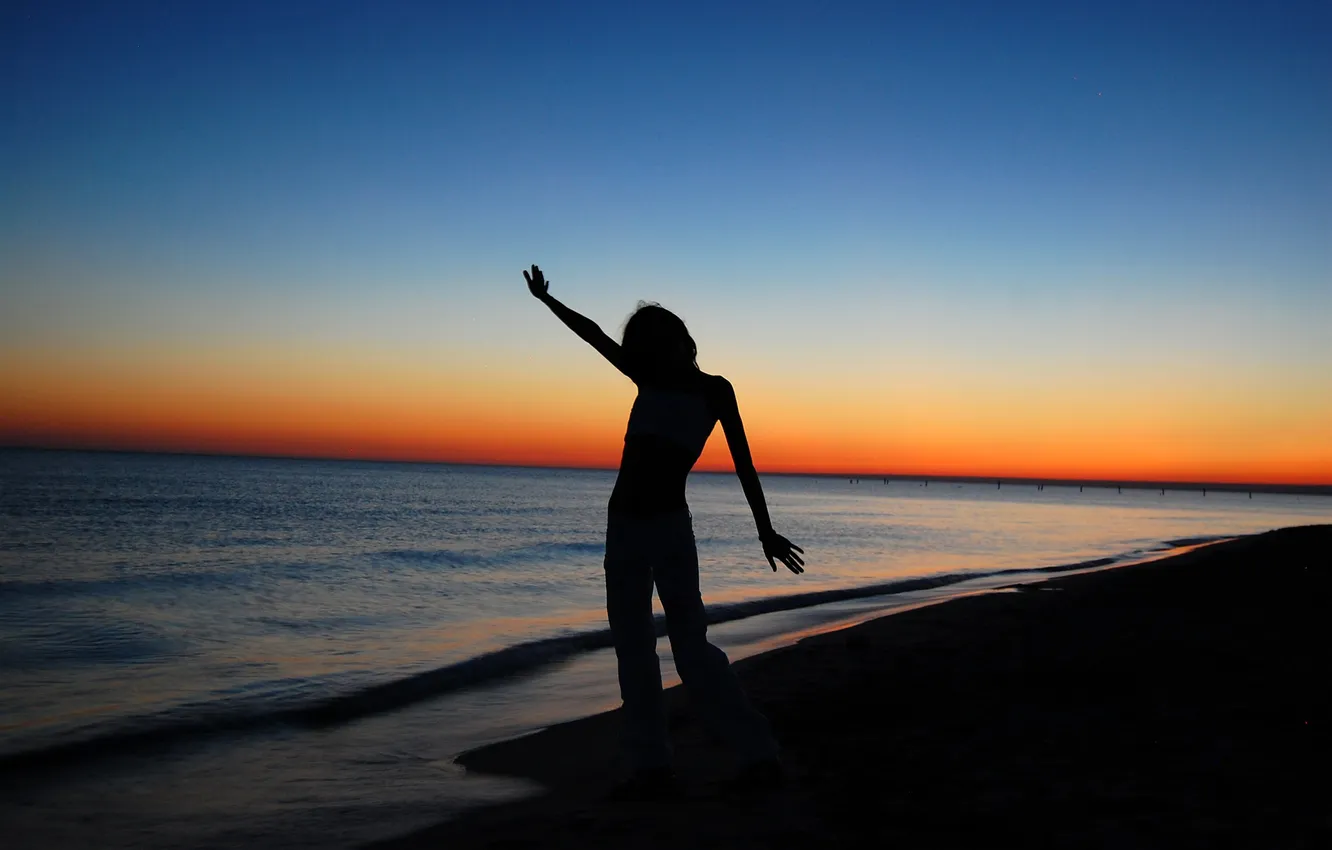 Photo wallpaper sea, the sky, girl, sunset, dawn, shore, coast, horizon