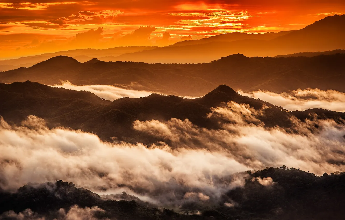 Photo wallpaper clouds, sunset, mountains, silhouette, orange sky