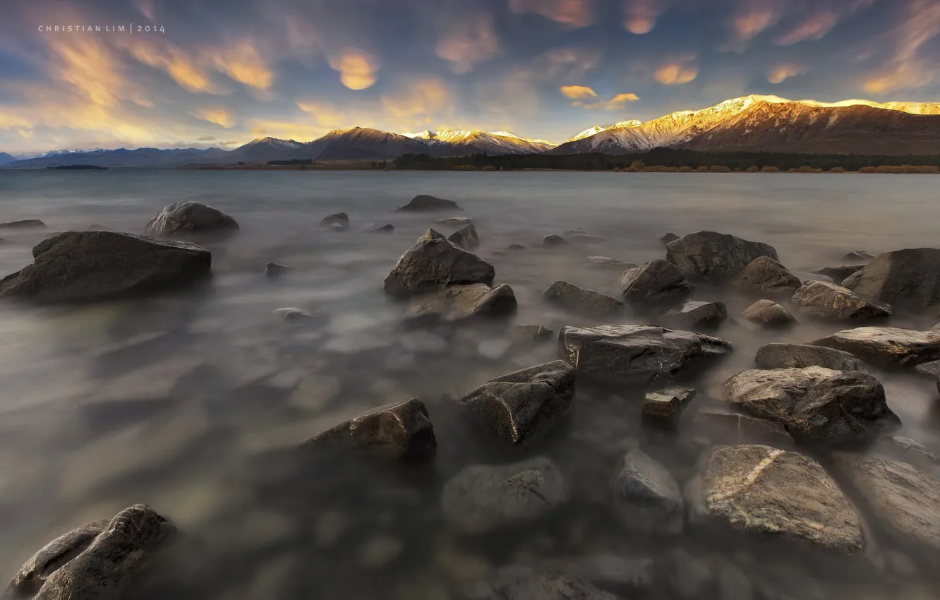 Photo wallpaper landscape, mountains, nature, lake, dawn