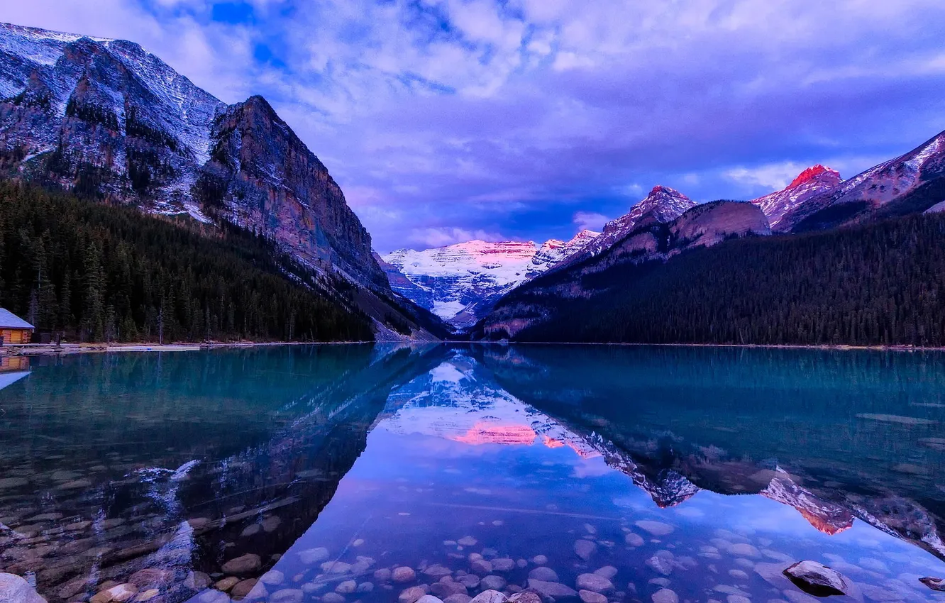 Photo wallpaper forest, clouds, snow, mountains, nature, lake, reflection, dawn