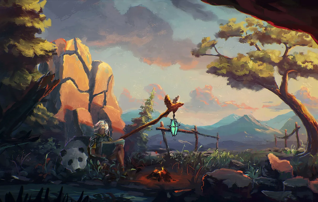 Photo wallpaper trees, sunset, boy, bear, the fire, Panda, book, halt