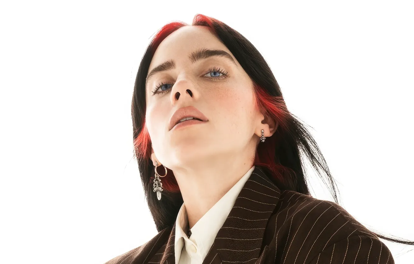 Photo wallpaper girl, music, portrait, earrings, makeup, white background, singer, Billie Eilish