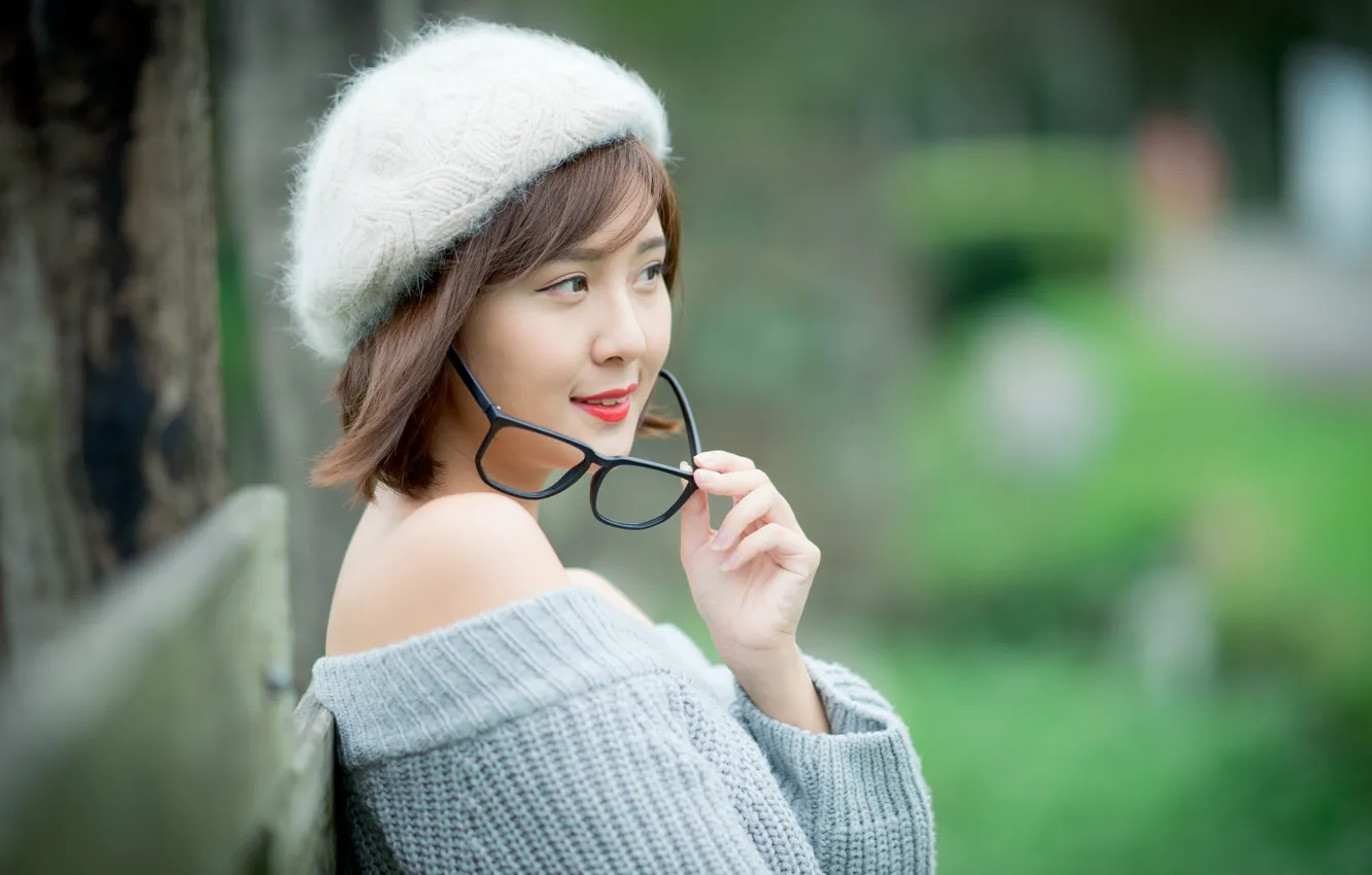 Photo wallpaper girl, glasses, Asian, cutie, takes, bokeh