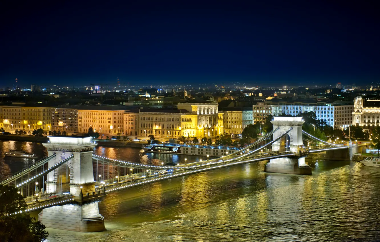 Photo wallpaper night, the city, river, building, home, Hungary, Budapest, The Danube