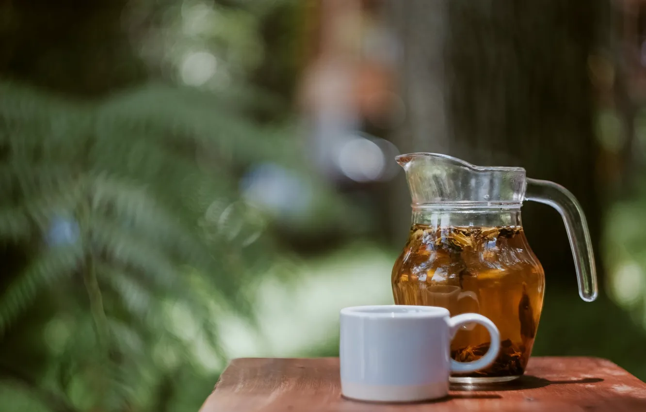 Photo wallpaper glass, nature, table, tea, the tea party, mug, Cup, drink