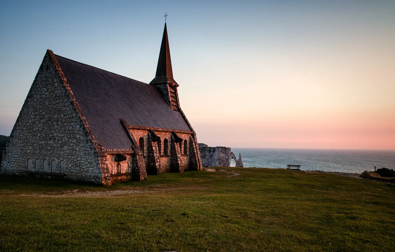 Photo wallpaper sea, France, the evening, horizon, Normandy, Chapel of Our Lady of the Guard