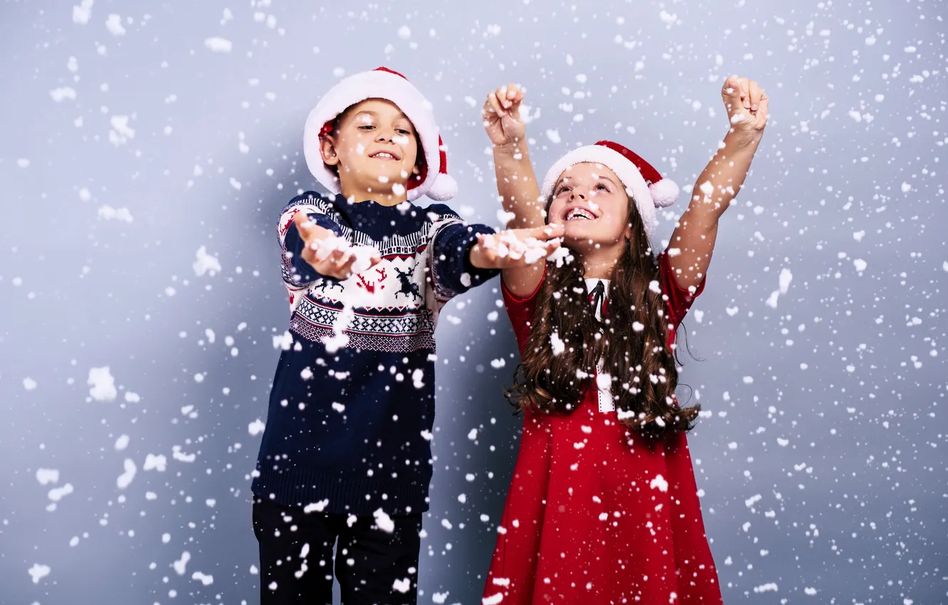 Photo wallpaper snow, joy, children, hat, boy, dress, girl, sweater