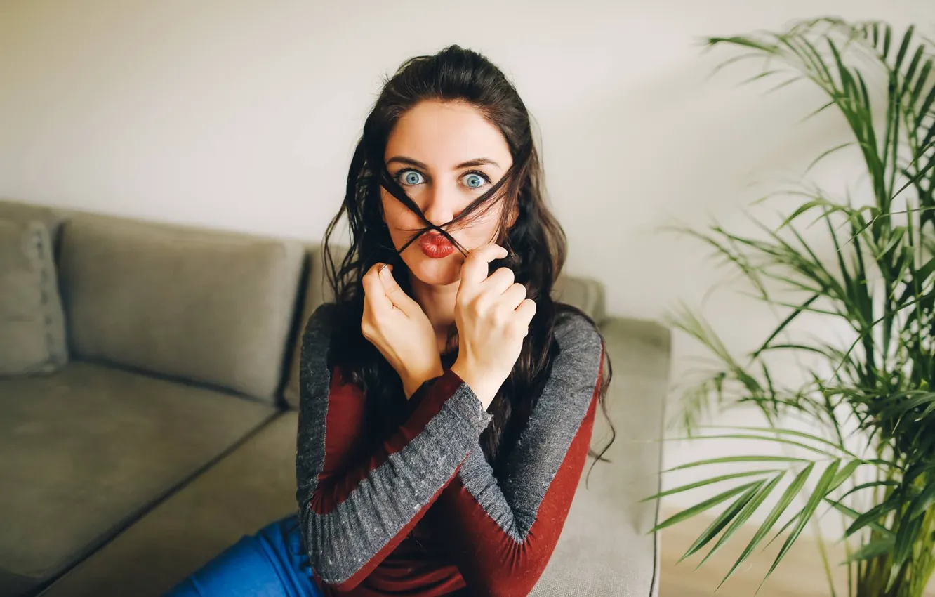 Photo wallpaper girl, background, room, sofa, brunette, fun, the expression, Fooling around