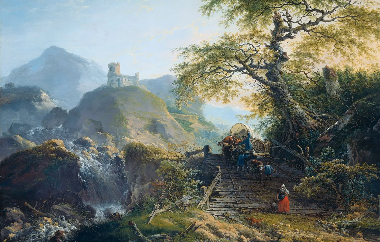 Photo wallpaper landscape, tree, oil, picture, Gerard van Nijmegen, Mountain Landscape with Carters, A cart on a …