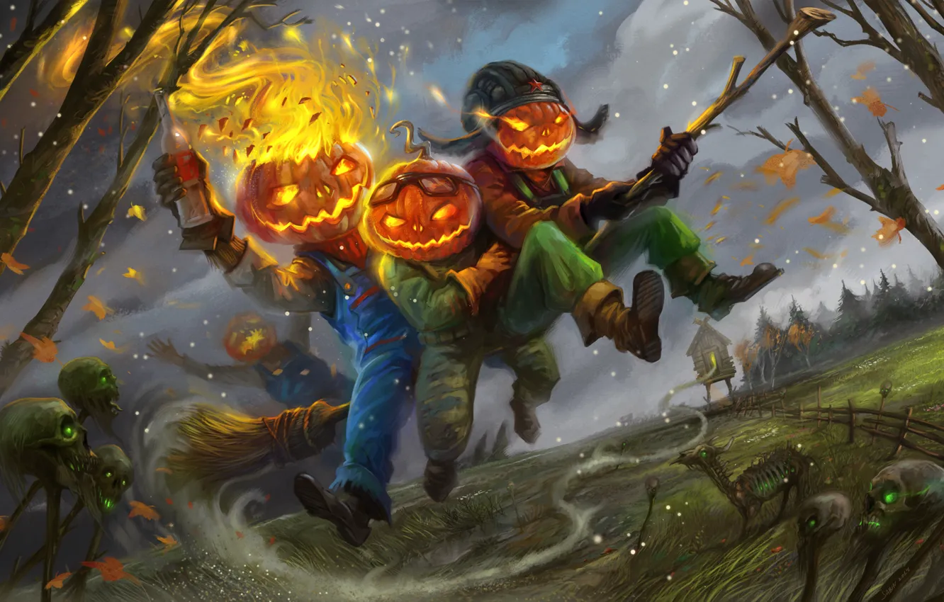 Photo wallpaper lights, holiday, skull, art, Halloween, pumpkin, broom