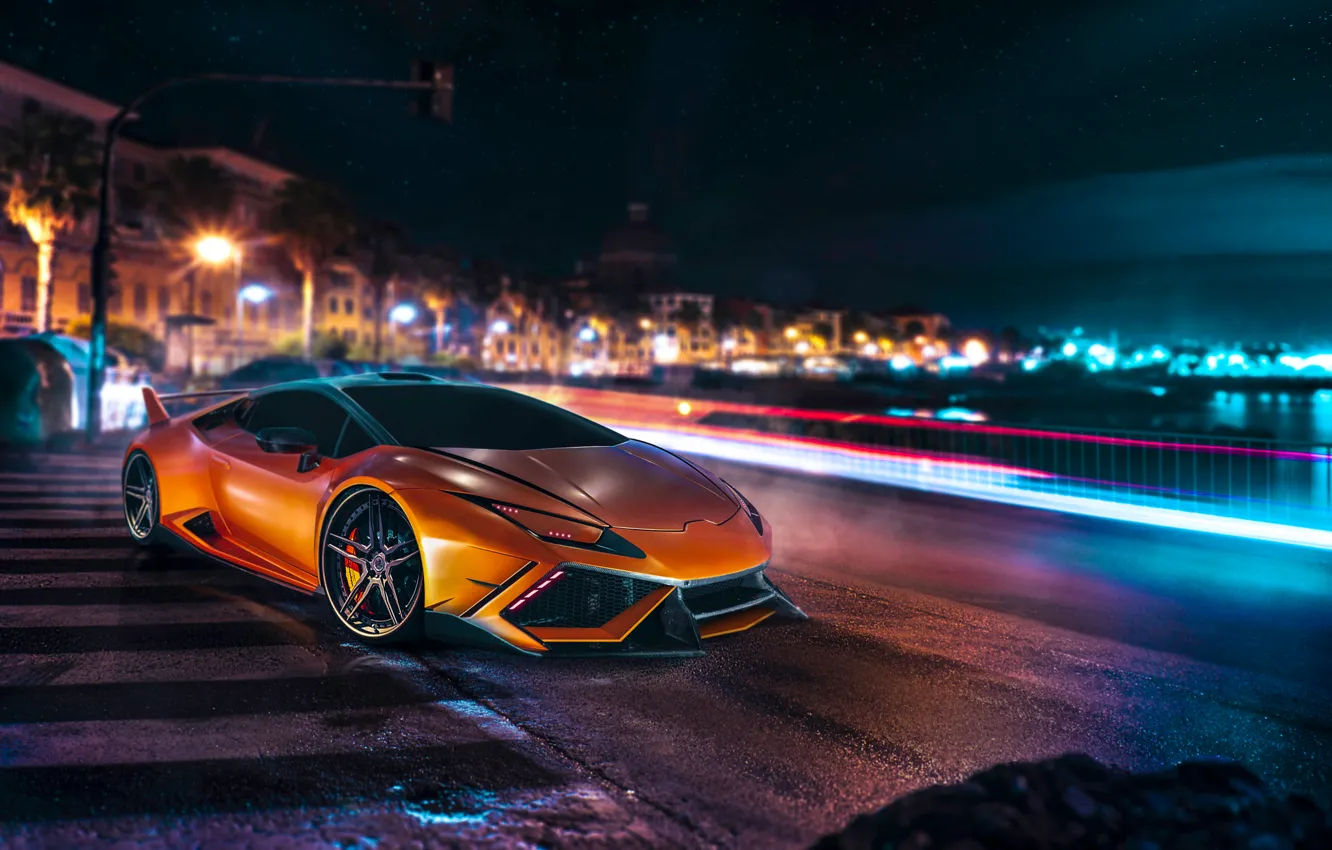 Photo wallpaper Lamborghini, Orange, Front, Night, DMC, Supercar, Huracan, LP610-4