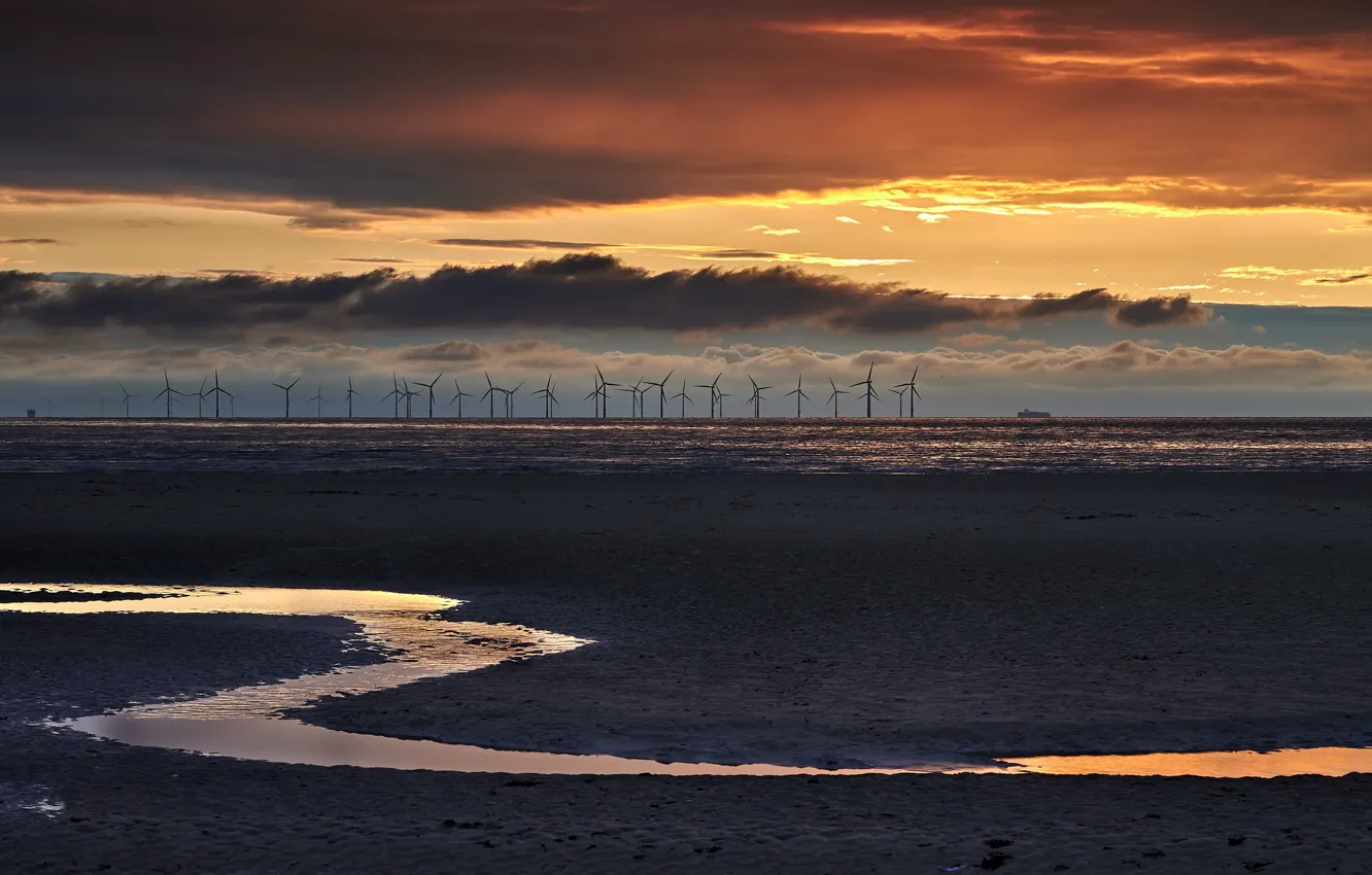 Photo wallpaper sunset, shore, windmills, stranded