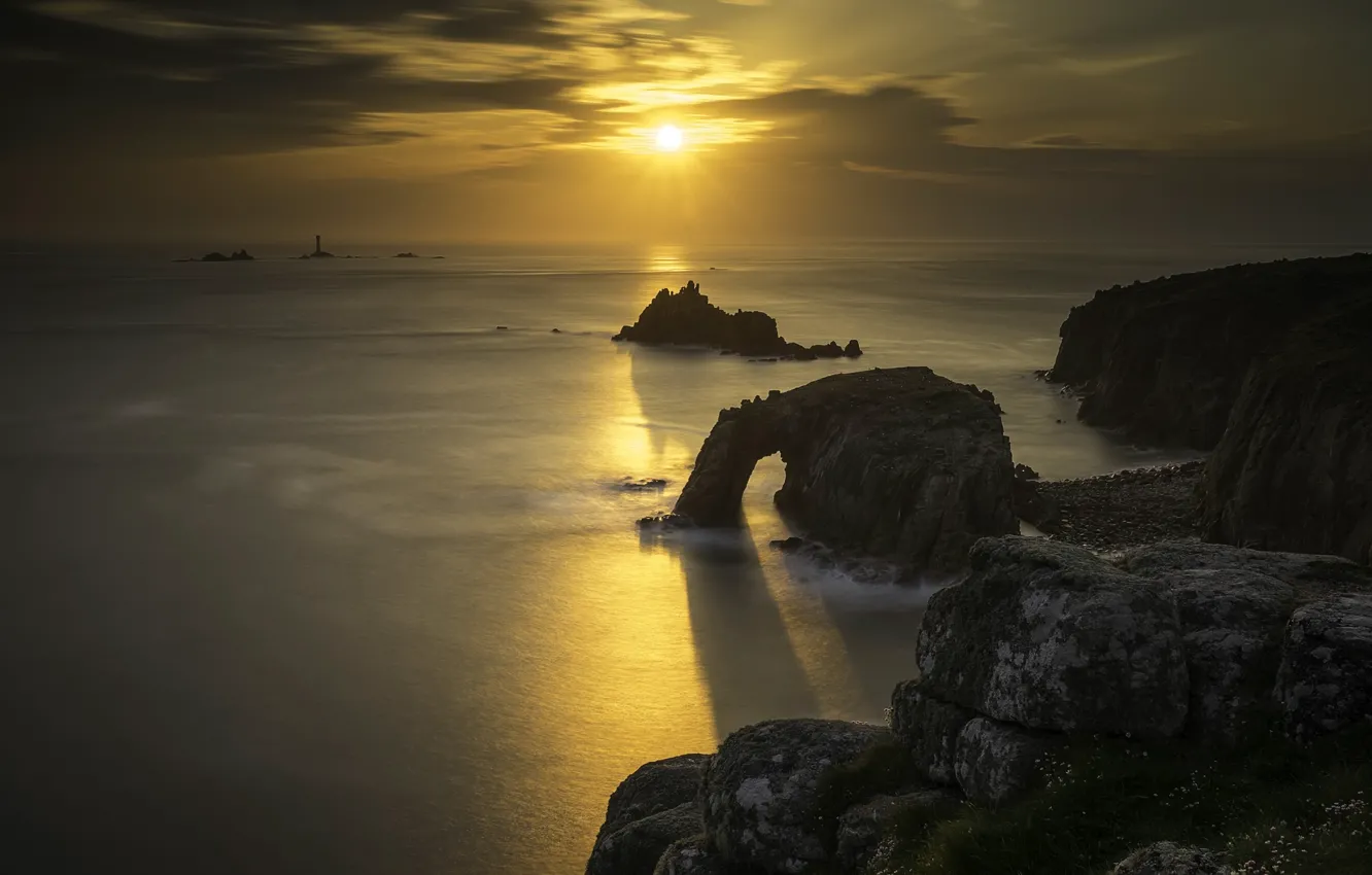 Photo wallpaper sea, sunset, rocks, England, Cornwall