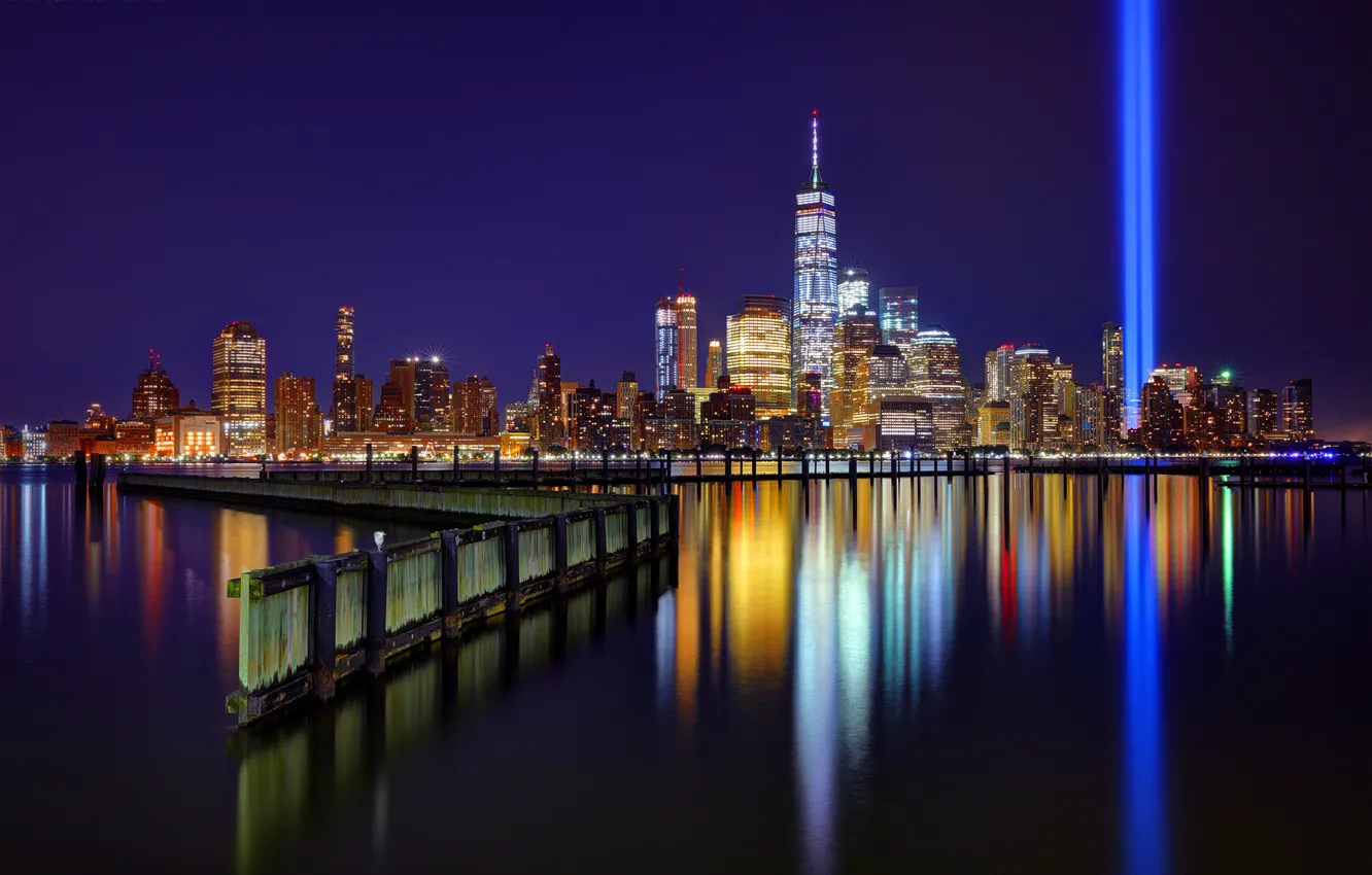Photo wallpaper rays, building, New York, skyscrapers, night city, New York City, Hudson River, The Hudson River