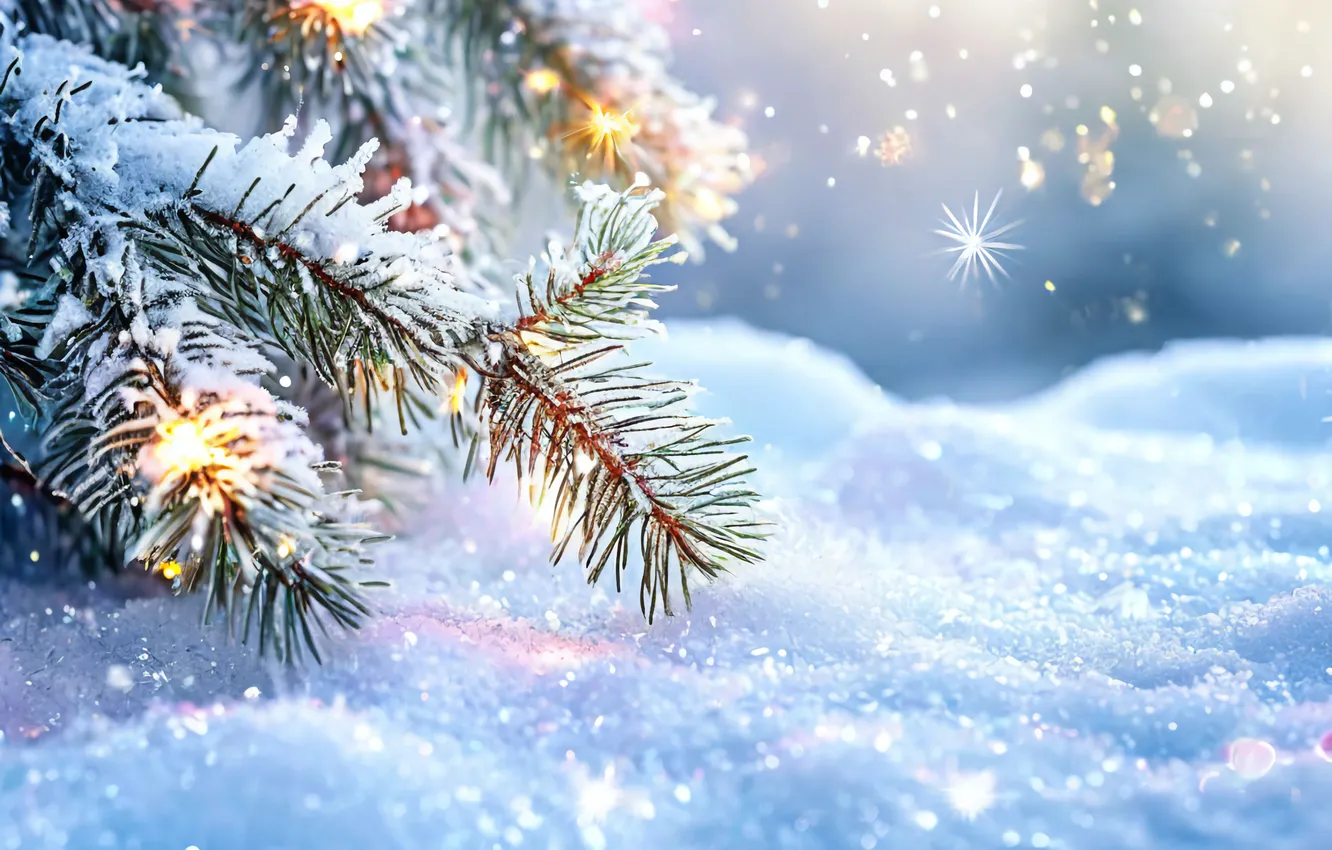 Photo wallpaper snow, tree, new year, Christmas tree branches