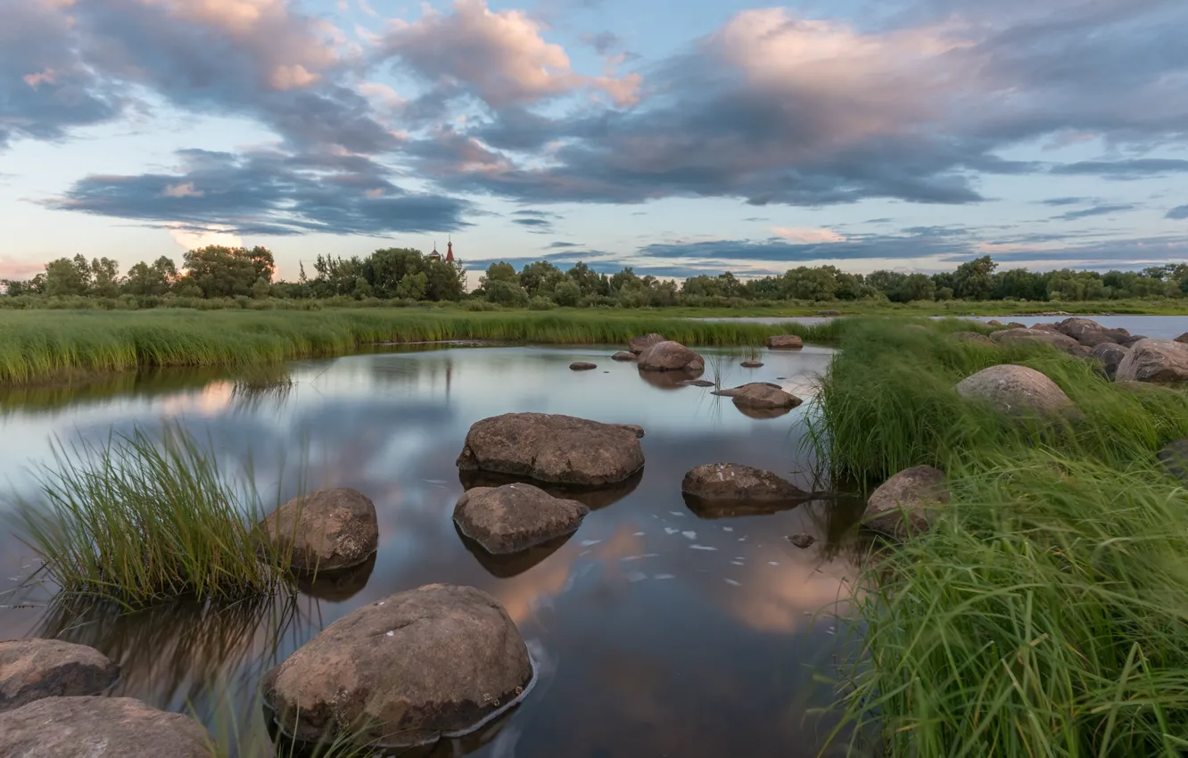 Photo wallpaper grass, trees, landscape, nature, stones, Church, river