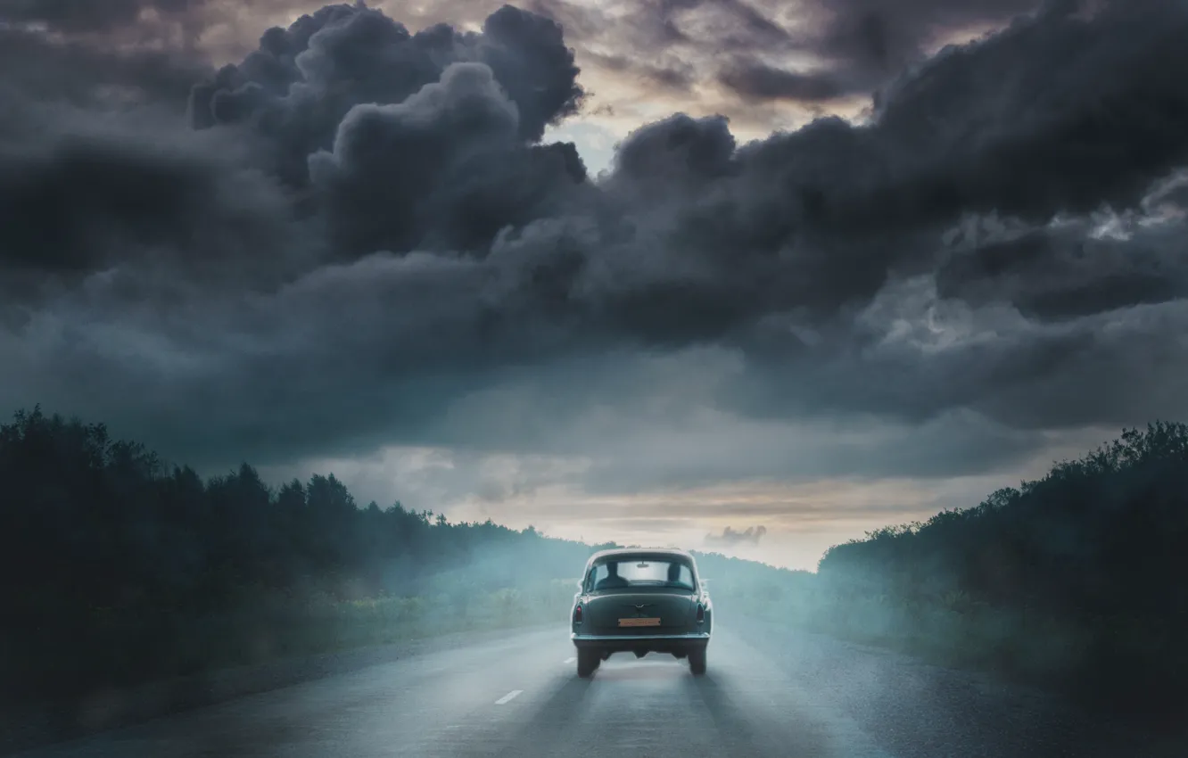 Photo wallpaper storm, the way, photo, art, art, old car, the devil's chariot