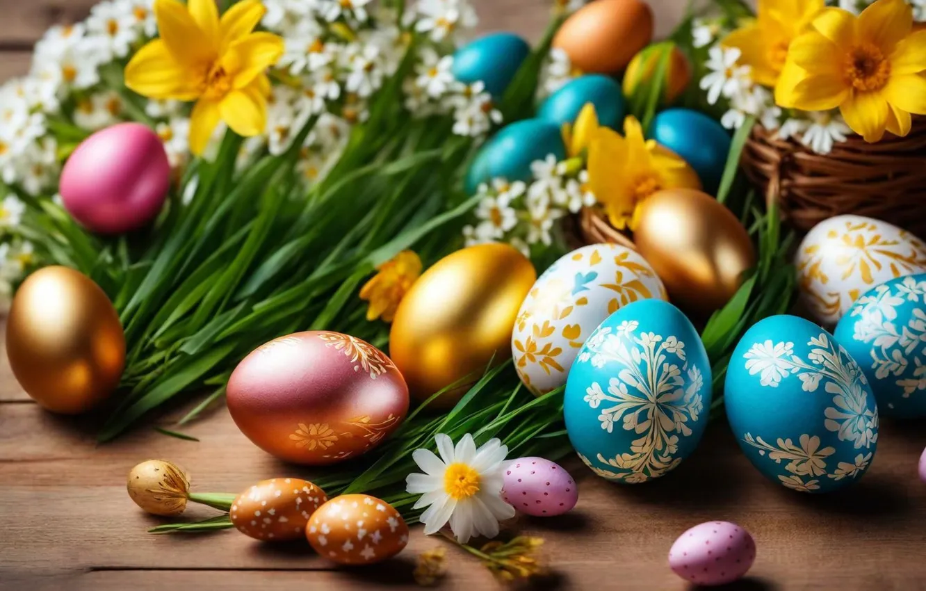 Photo wallpaper flowers, eggs, spring, colorful, Easter, flowers, spring, Easter