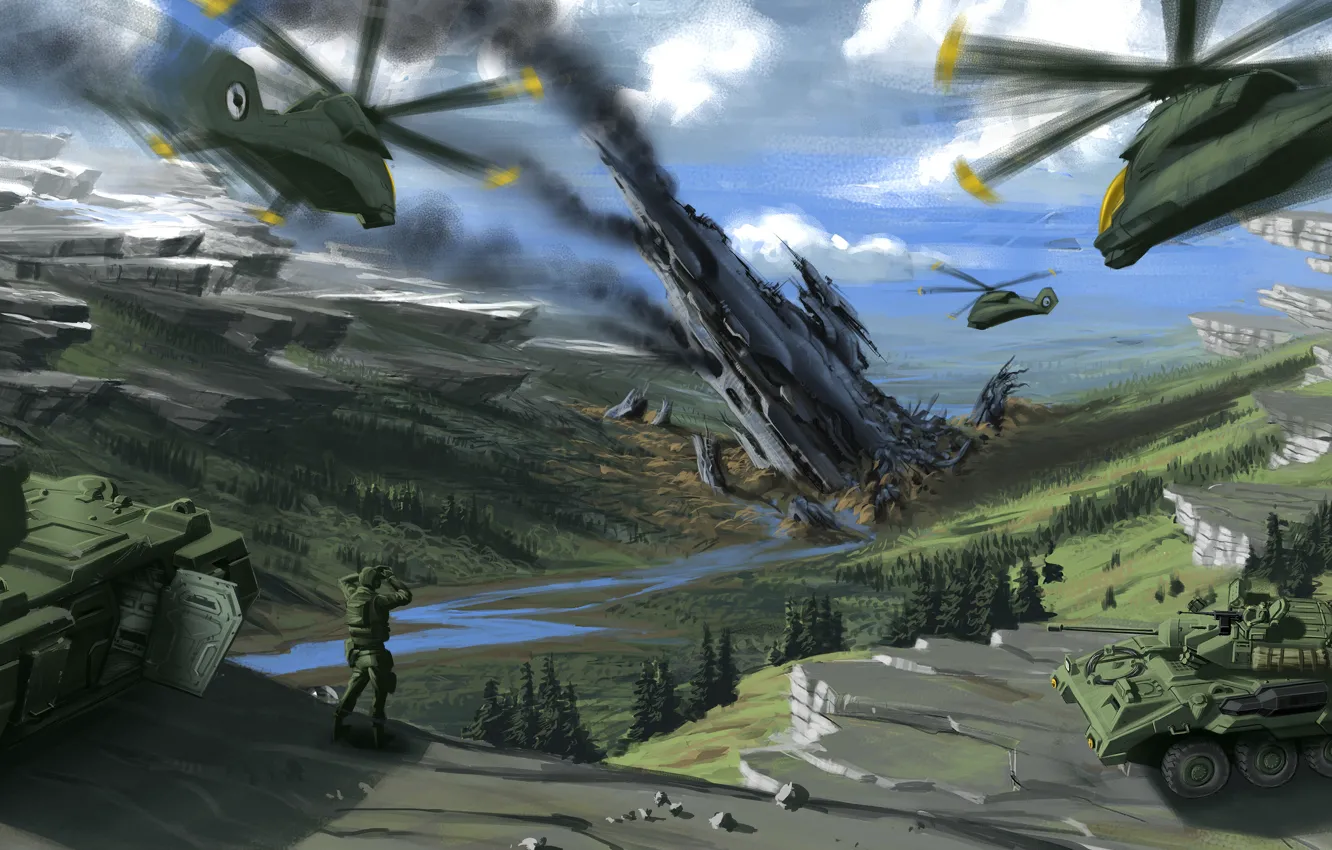 Photo wallpaper mountains, war, art, soldiers, tank, helicopter