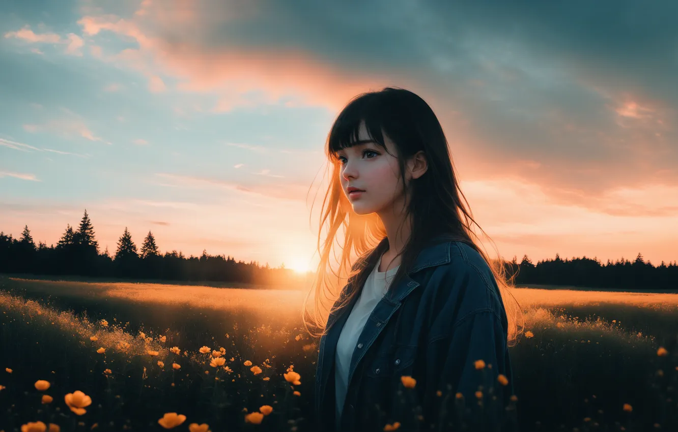 Photo wallpaper field, the sun, landscape, sunset, flowers, woman, field, landscape