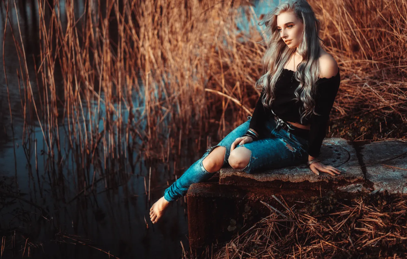 Photo wallpaper water, pose, mood, model, jeans, reed, long hair, Loba