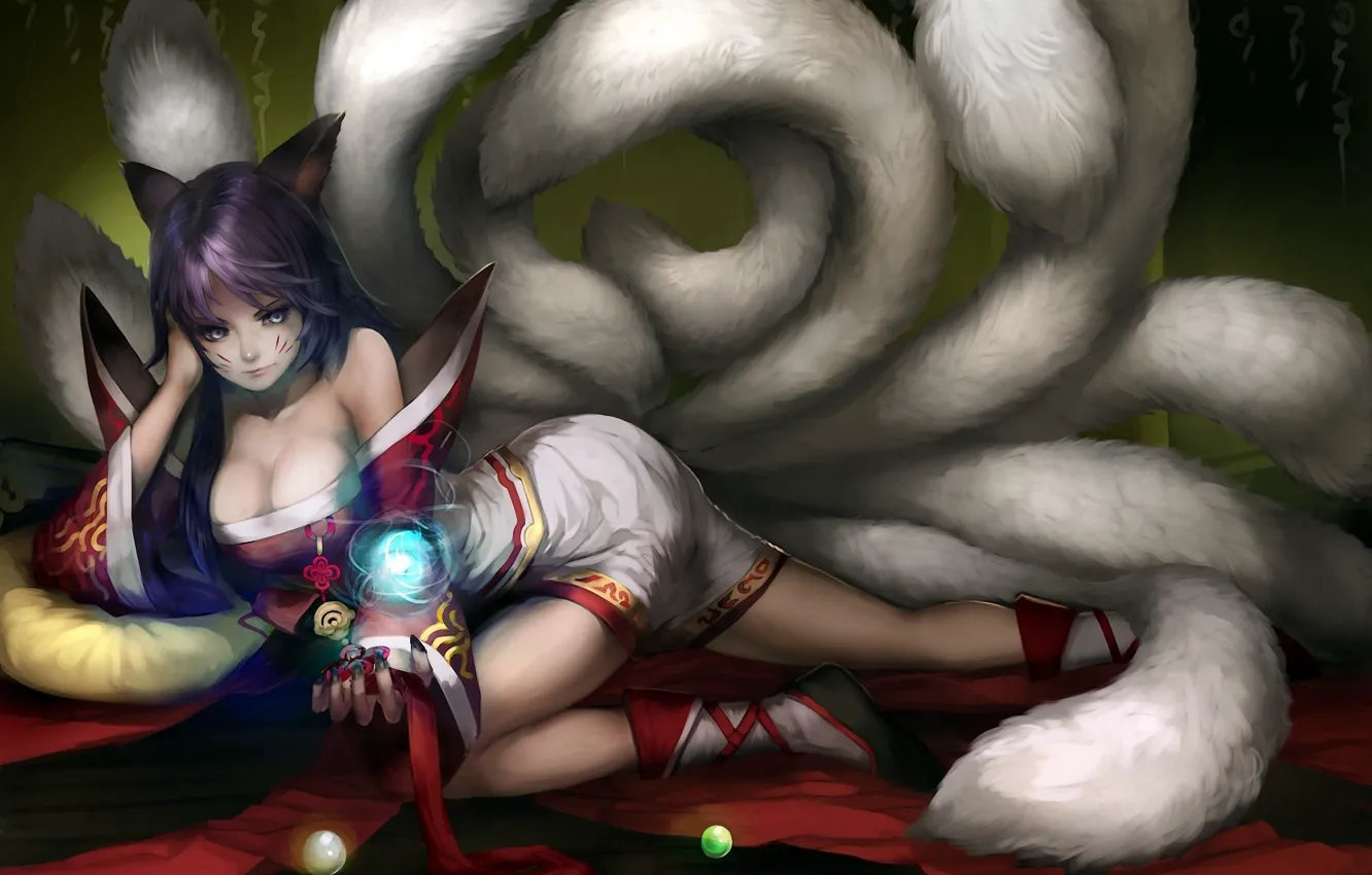 Photo wallpaper girl, balls, magic, art, tail, tape, ears, lying