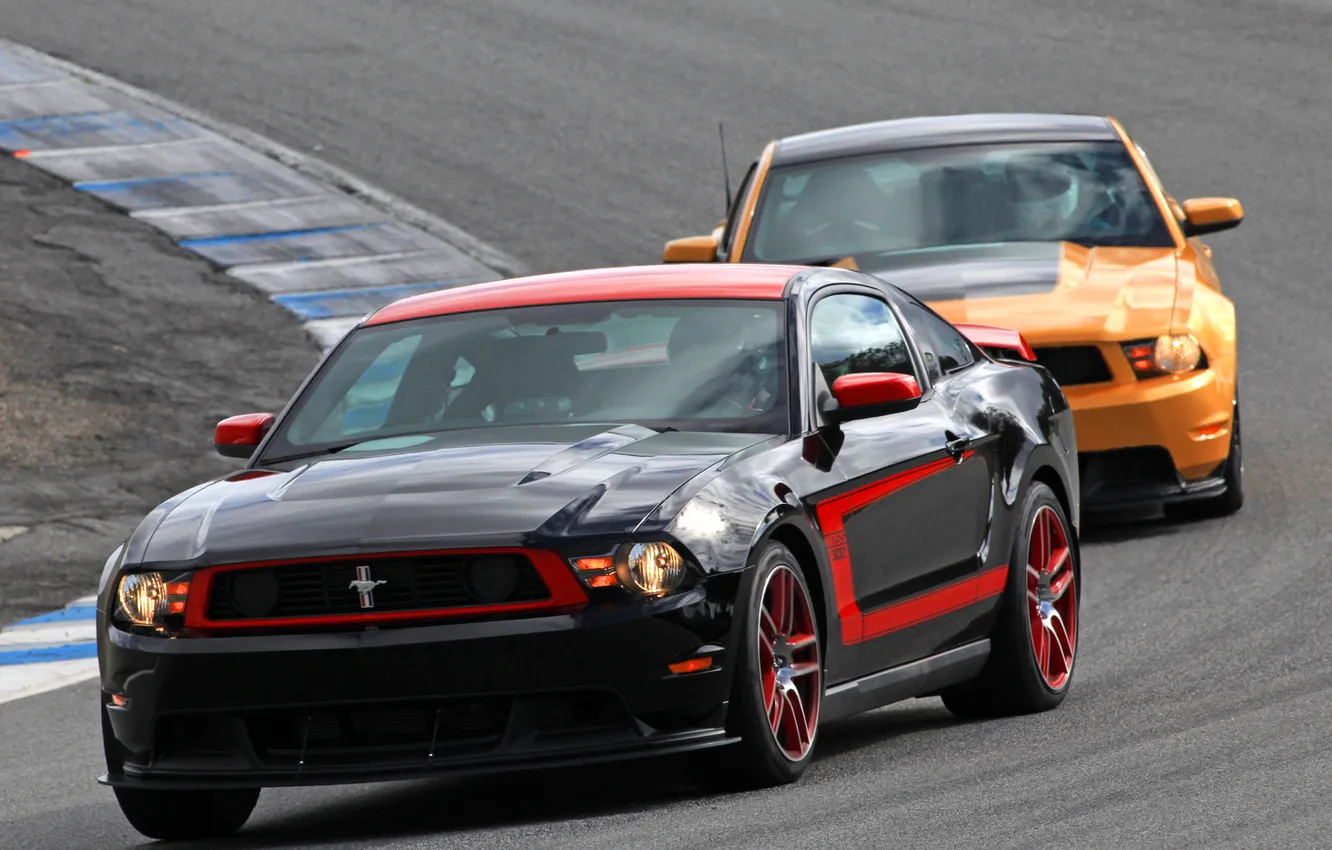 Photo wallpaper orange, black, speed, Mustang, Ford, Mustang, turn, Boss 302