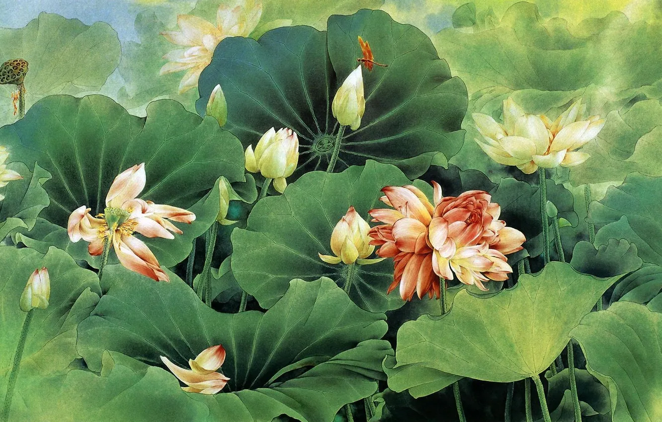Photo wallpaper leaves, flowers, figure, dragonfly, art, Lotus, characters, Chinese painting