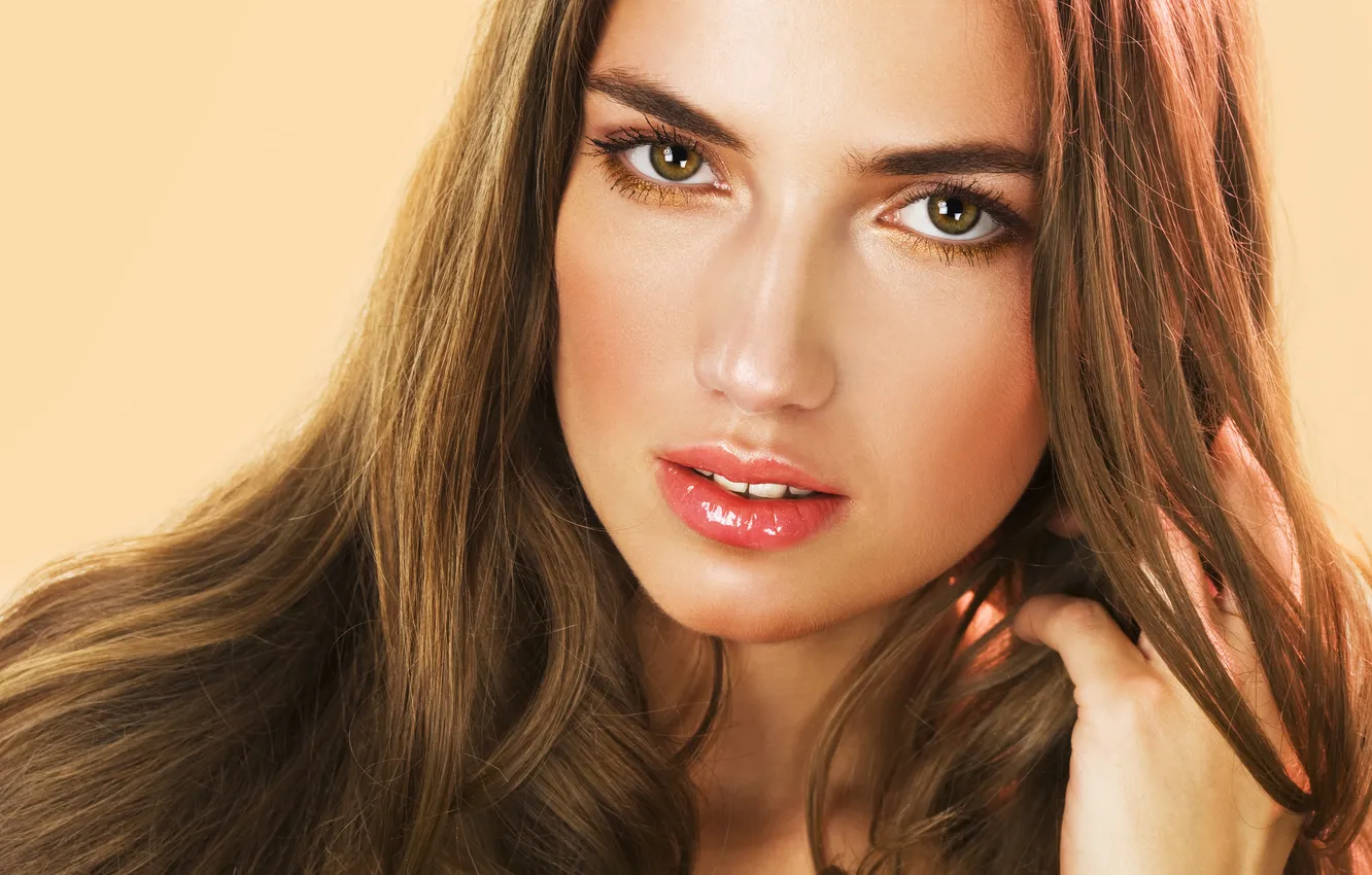 Photo wallpaper eyes, look, eyelashes, background, model, hair, hands, makeup