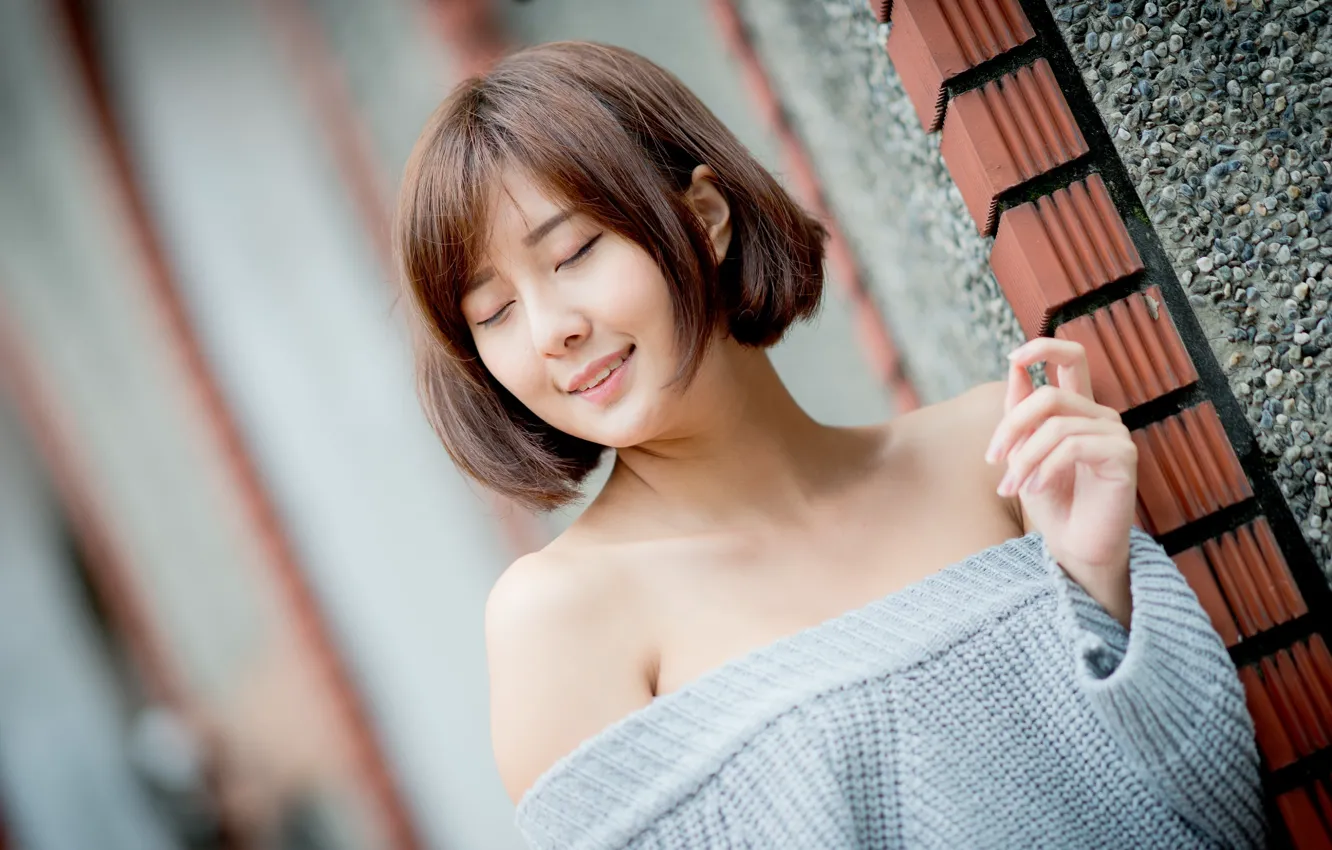 Photo wallpaper girl, Asian, cutie, sweater, bokeh