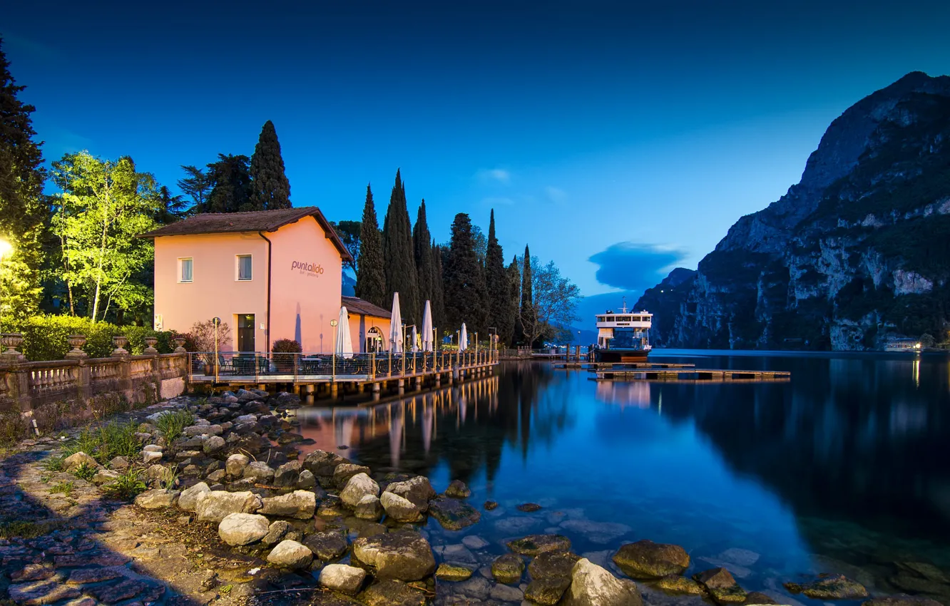 Photo wallpaper trees, landscape, mountains, lake, stones, ship, Marina, Italy