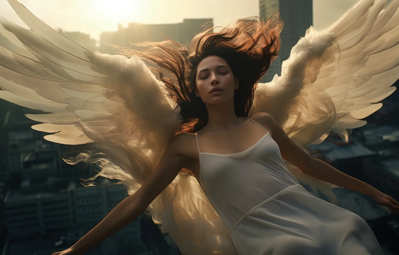 Photo wallpaper girl, hair, home, wings, angel, dress, digital art, AI art